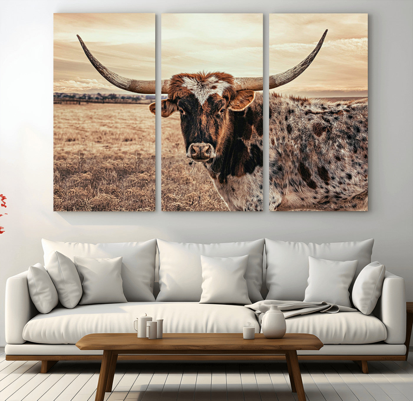 95745718-MGV-CV-48X32-3P-Texas Longhorn Wall Art – Western Cattle Photography Canvas Print, Rustic Ranch Animal Artwork Country Farmhouse Decor for Living