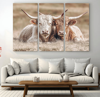 38651722-MGV-CV-36X24-Cow Wall Art – Rustic Longhorn Pair Canvas Print, Western Farmhouse Animal Painting, Country Ranch Decor for Living Room, Bedroom,