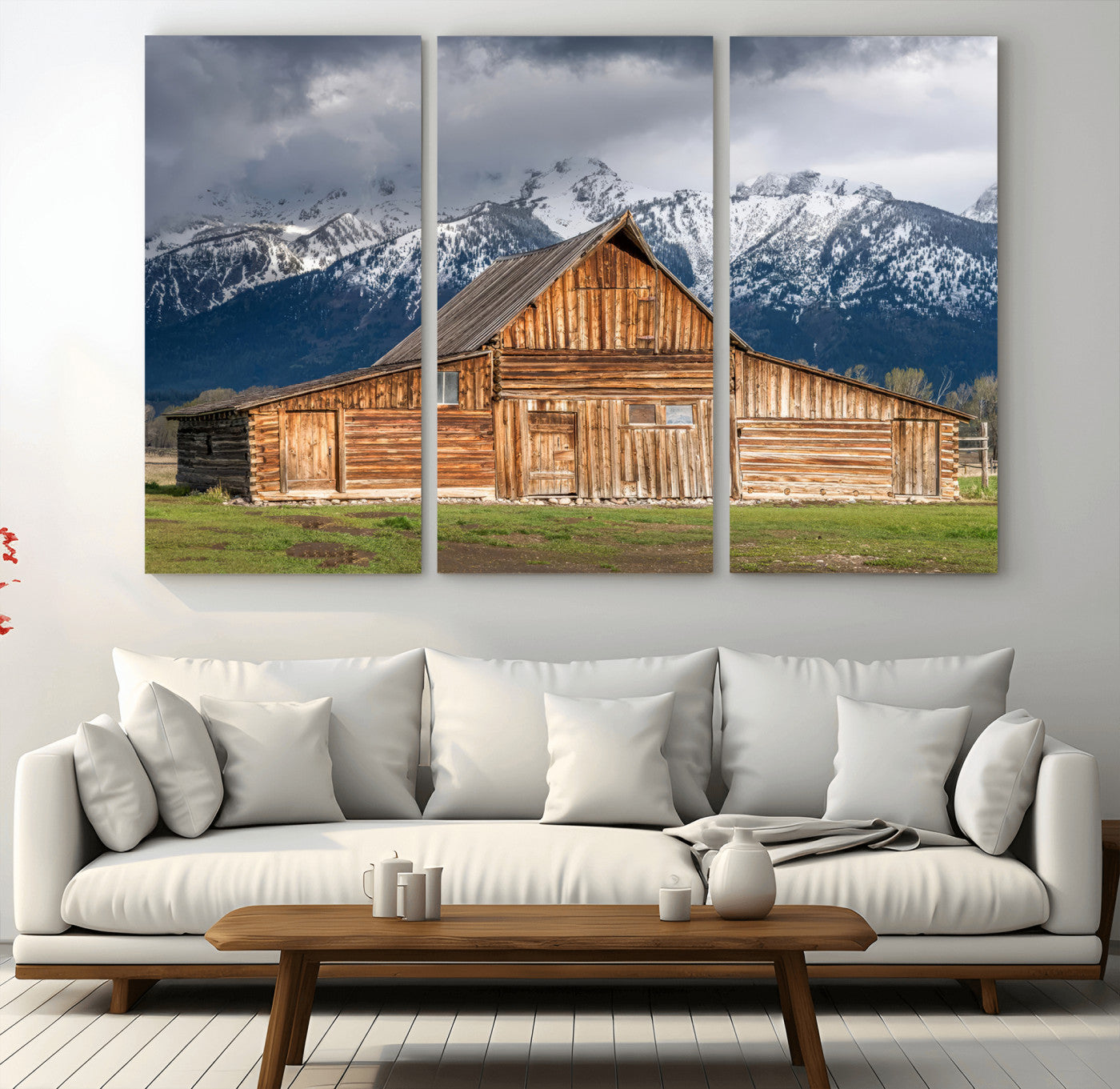 15173627-MGV-CV-36X24-Barn Wall Art – Rustic Wooden Cabin Canvas Print with Snowy Mountain Landscape, Western Farmhouse Country Decor for Living Room,