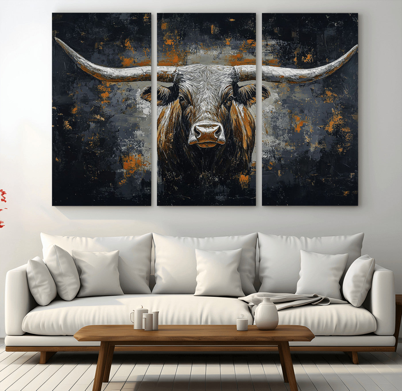 93195031-MGV-CV-36X24-Dark Longhorn Bull Wall Art – Western Steer Canvas Print, Moody Rustic Animal Painting for Man Cave, Ranch House, Office or Modern