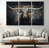 93195031-MGV-CV-36X24-Dark Longhorn Bull Wall Art – Western Steer Canvas Print, Moody Rustic Animal Painting for Man Cave, Ranch House, Office or Modern