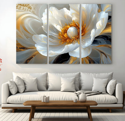 39604126-MGV-CV-36X24-Abstract Flower Wall Art – Elegant White and Gold Bloom Canvas Print, Modern Floral Artwork for Bedroom, Living Room, or Office