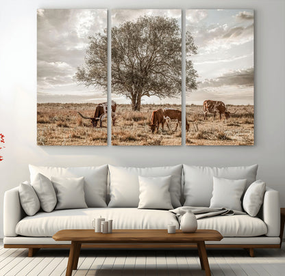 87590224-MGV-CV-36X24-Longhorn Cattle Wall Art – Rustic Western Landscape Canvas Print, Texas Farmhouse Prairie Scene for Living Room, Office, or Ranch