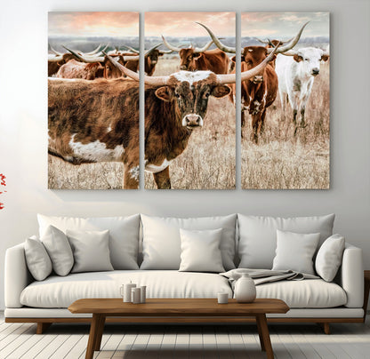 47758300-MGV-CV-36X24-Texas Longhorn Cattle Wall Art – Rustic Western Herd Canvas Print, Cowboy Ranch Farmhouse Decor for Living Room, Office, or