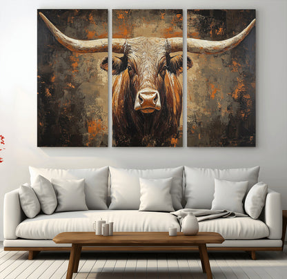 19204445-MGV-CV-36X24-Texas Longhorn Bull Wall Art – Rustic Western Canvas Print, Bold Cowboy Cattle Painting for Ranch House, Farmhouse, Office, or