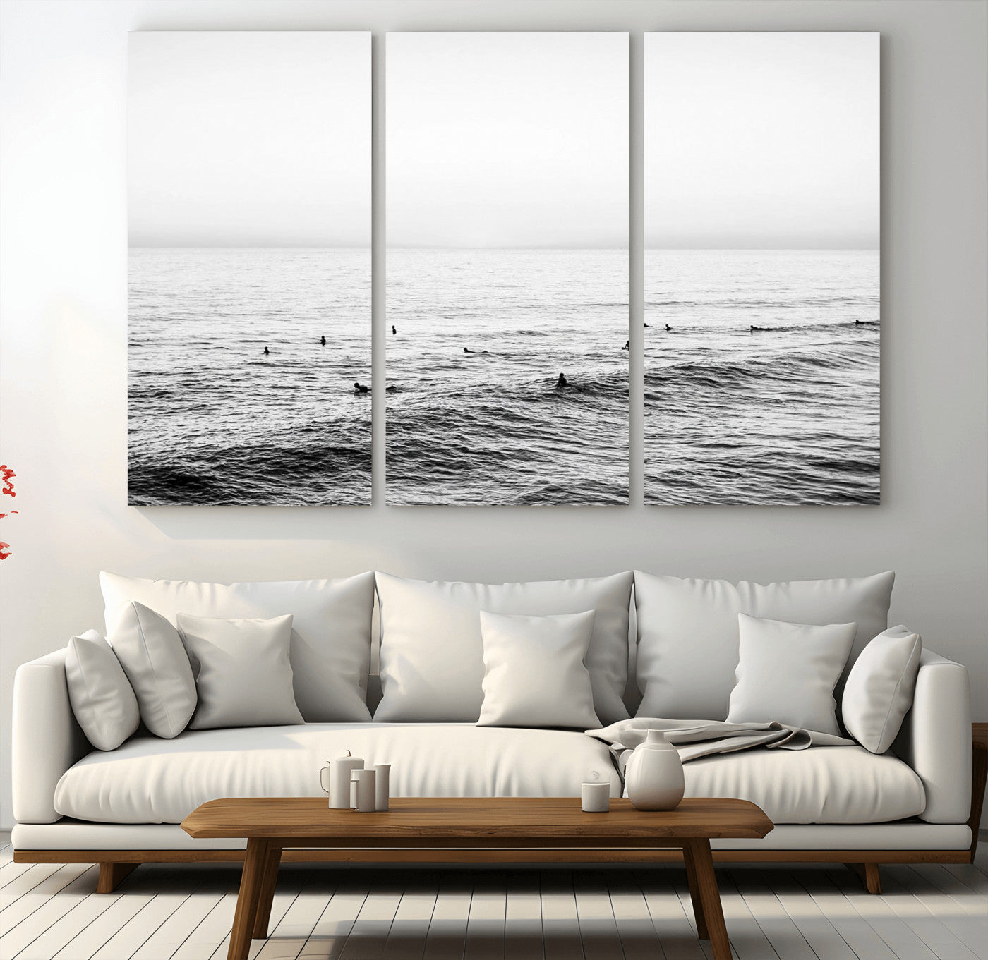 47208268-MGV-CV-36X24-Surfer Ocean Wall Art – Black and White Coastal Canvas Print, Minimalist Surfing Seascape Decor for Living Room, Bedroom, or Beach