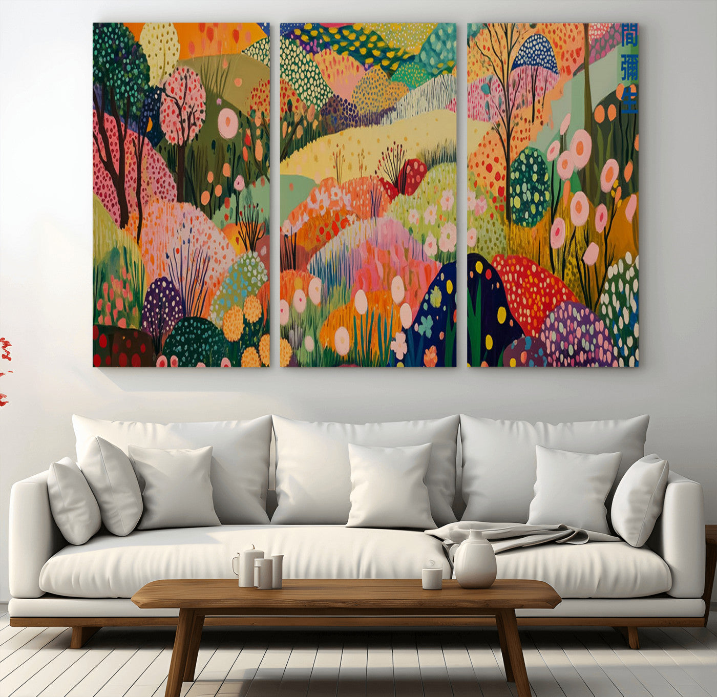 79636380-MGV-CV-36X24-Colorful Abstract Landscape Wall Art – Vibrant Hills and Flowers Canvas Print, Modern Whimsical Artwork for Living Room, Bedroom,