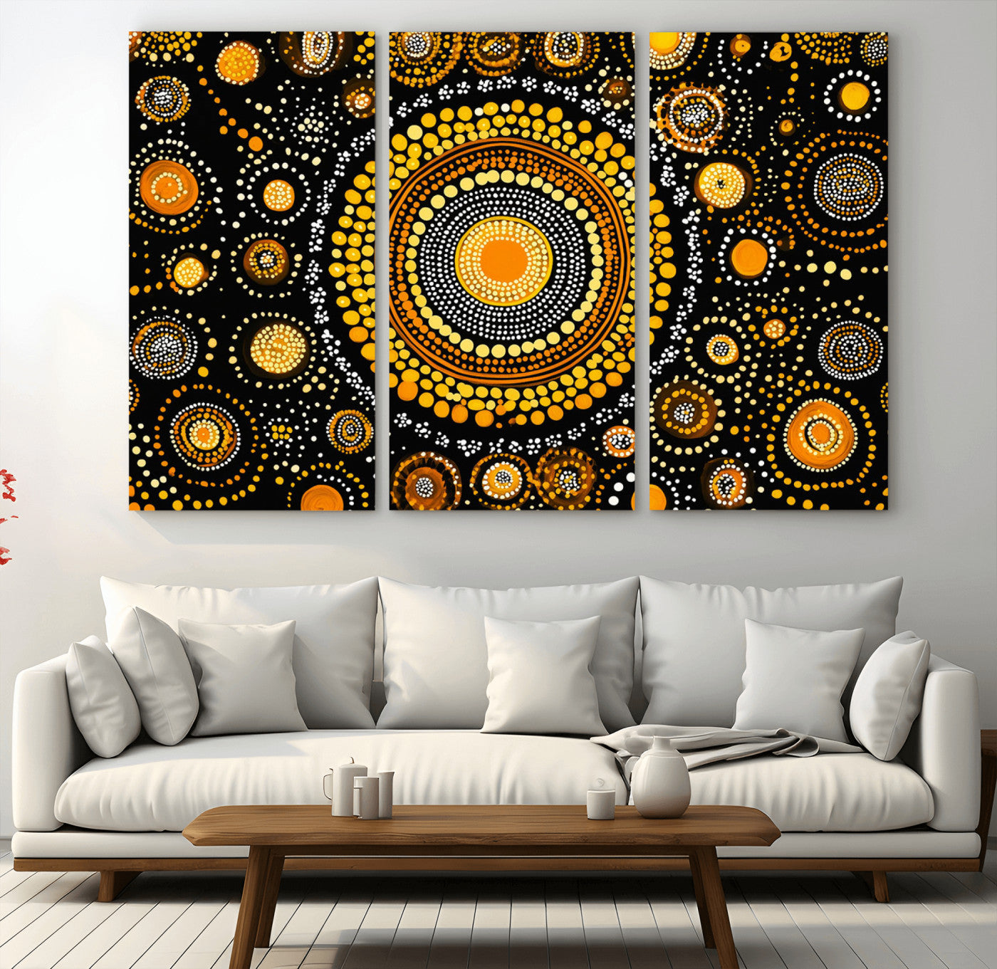 45478523-MGV-CV-36X24-Abstract Circle Wall Art – Bold Black and Gold Dot Painting Canvas Print, Modern Geometric Mandala Style Decor for Living Room or