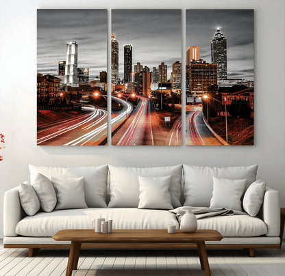 59097239-MGV-CV-36X24-City Skyline Wall Art – Modern Black and White Night Canvas Print with Red Light Trails, Urban Landscape Decor for Living Room or