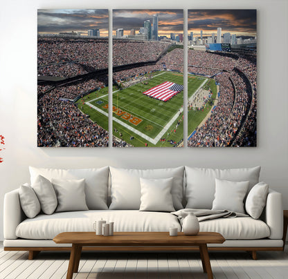 98106777-MGV-CV-48X32-3P-Soldier Field Wall Art – Chicago Bears Stadium Canvas Print with American Flag, Game Day Football Decor for Man Cave, Bar, or