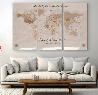 95243244-MGV-CV-48X32-3P-Wander Often Wonder Always World Map Wall Art – Neutral Beige Adventure Canvas Print, Rustic Boho Travel Decor for Bedroom, Living