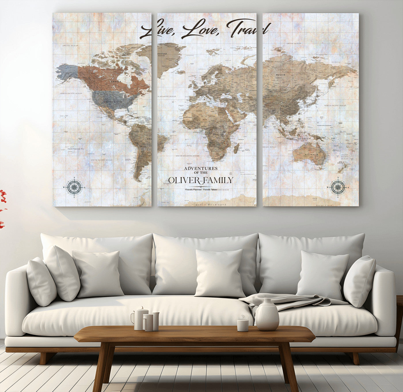 43924907-MGV-CV-36X24-Live Love Travel Wall Art – Neutral World Map Canvas Print, Rustic Adventure Decor for Home, Office or Living Room, Unique Gift