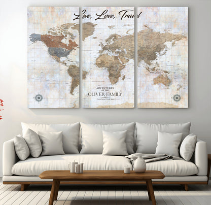43924907-MGV-CV-36X24-Live Love Travel Wall Art – Neutral World Map Canvas Print, Rustic Adventure Decor for Home, Office or Living Room, Unique Gift