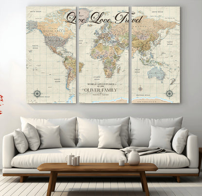 19479008-MGV-CV-36X24-Live Love Travel Wall Art – Detailed World Map Canvas Print, Adventure Decor for Living Room, Office or Bedroom, Travel Gift for