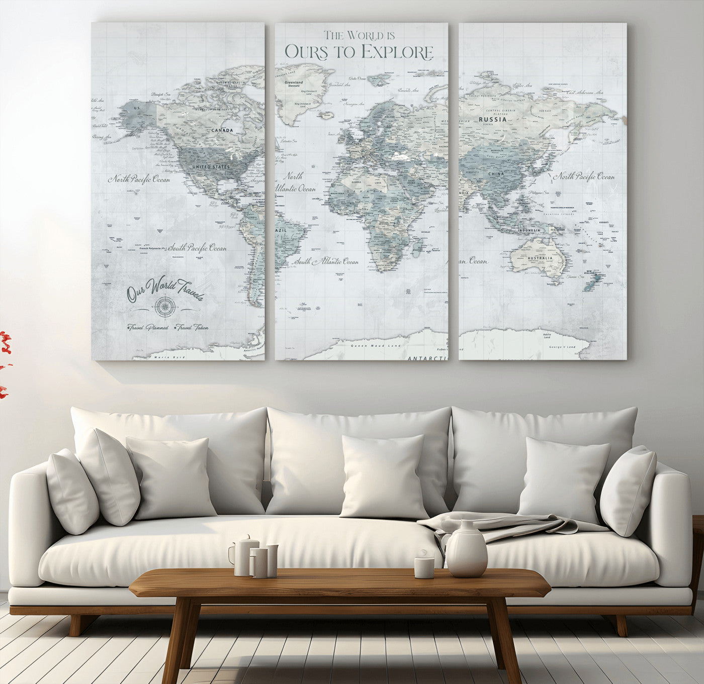 94249974-MGV-CV-36X24-Ours Explore World Map Wall Art – Modern Travel Canvas Print, Neutral Adventure Decor for Living Room, Office, Study, Bedroom,