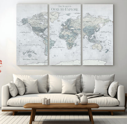 94249974-MGV-CV-36X24-Ours Explore World Map Wall Art – Modern Travel Canvas Print, Neutral Adventure Decor for Living Room, Office, Study, Bedroom,