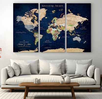 43160428-MGV-CV-36X24-Adventure Awaits Navy Blue World Map – Vibrant Travel Canvas Wall Art, Antique Atlas Print, Wanderlust Decor for Home Office