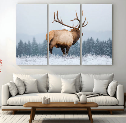 85177251-MGV-CV-36X24-Elk Wall Art – Majestic Wildlife Canvas Print of Bull Elk Snowy Forest, Rustic Nature Decor for Living Room, Cabin, or Office