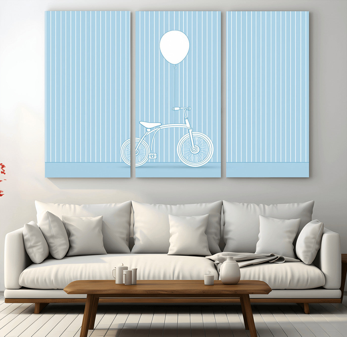56479838-MGV-CV-36X24-Bicycle Wall Art – Minimalist Blue Canvas Print with Balloon Illustration, Modern Decor Artwork for Kids Room, Nursery, or Living