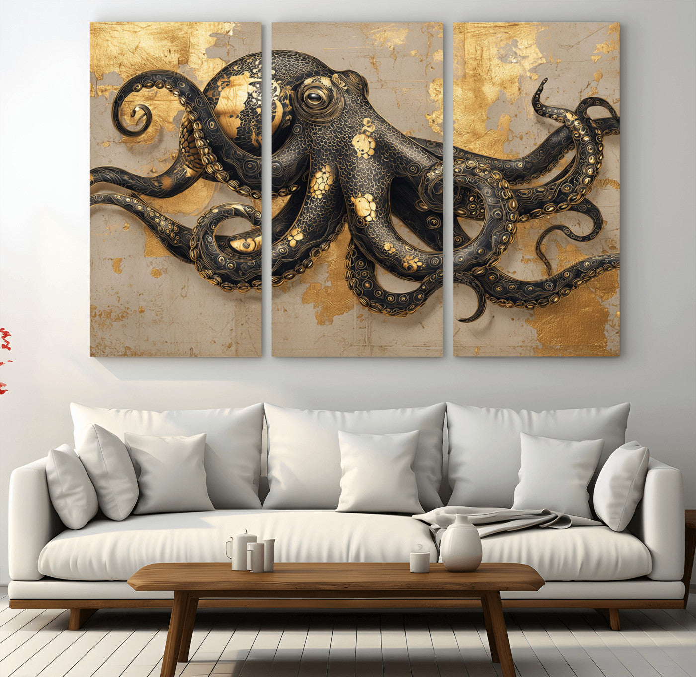 57944271-MGV-CV-36X24-Octopus Wall Art – Black and Gold Nautical Canvas Print, Modern Ocean Inspired Artwork with Elegant Detailing, Coastal Marine