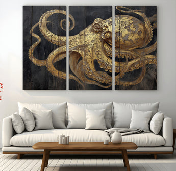 47056538-MGV-CV-36X24-Octopus Canvas Wall Art – Gold Detail, Wooden Texture, Marine Life, Ocean Creature Tentacles, Nautical Coastal Rustic Decor for