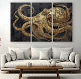47056538-MGV-CV-36X24-Octopus Wall Art – Gold Nautical Canvas Print with Rustic Wood Texture, Marine Creature Artwork for Coastal Ocean Decoration in