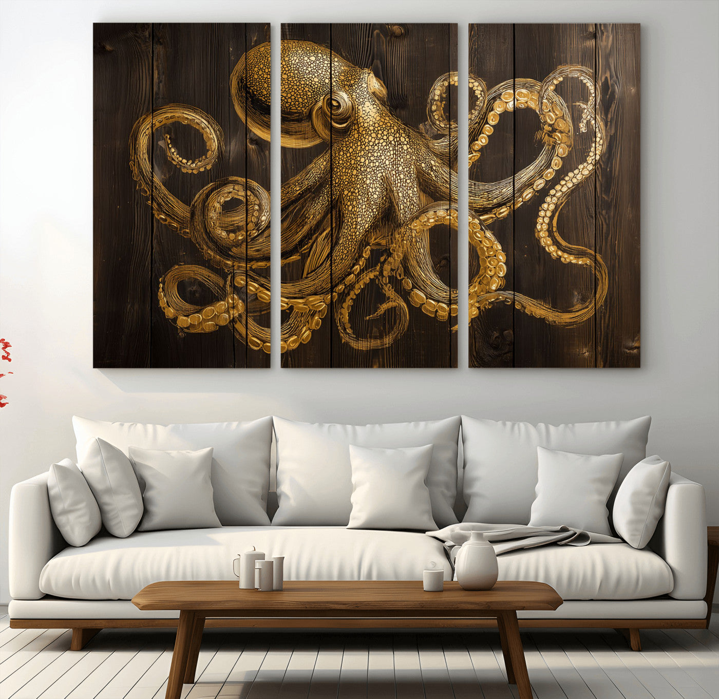 56769669-MGV-CV-36X24-Octopus Wall Art – Gold Nautical Canvas Print with Rustic Wood Panel Design, Detailed Marine Artwork for Coastal Ocean Decoration