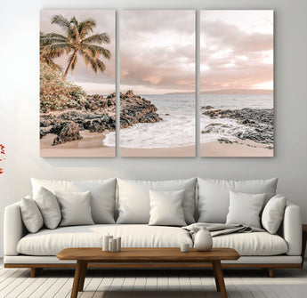 18005328-MGV-CV-36X24-Tropical Beach Canvas Wall Art – Palm Tree, Rocky Shoreline, Ocean Waves, Sunset Clouds, Calm Sea, Island Nature Relaxation for