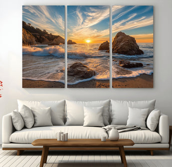 85659923-MGV-CV-36X24-Rocky Ocean Sunset Canvas Wall Art – Seaside Dramatic Seascape Print, Coastal Modern Decor, Ocean Sunset Art for Living Room or