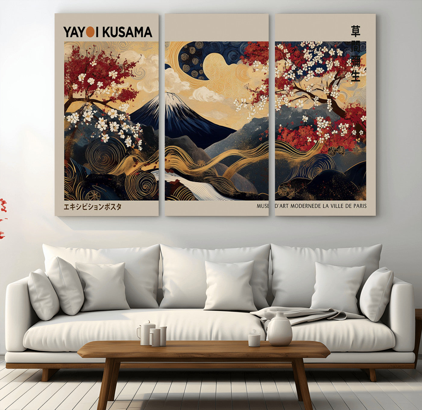 66892669-MGV-CV-36X24-Yayoi Kusama Japanese Inspired Canvas Print – Mt. Fuji & Floral Scene Wall Art, Framed Asian Style Canvas for Home, Office or
