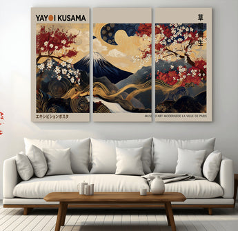 66892669-MGV-CV-36X24-Yayoi Kusama Japanese Inspired Canvas Print – Mt. Fuji & Floral Scene Wall Art, Framed Asian Style Canvas for Home, Office or