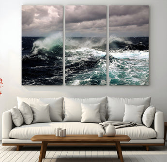 38622353-MGV-CV-36X24-Stormy Ocean Waves Canvas Wall Art – Framed Turbulent Sea Print, Large Nature Canvas for Coastal, Living Room, or Office Spaces