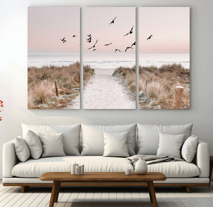 34632598-MGV-CV-36X24-Coastal Pathway Canvas Wall Art – Framed Seaside Landscape, Large Beach and Birds Canvas Print for Home, Office, or Living Room