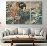 52037775-MGV-CV-36X24-Tsukioka Yoshitoshi Samurai Wall Art Print, Japanese Katana Warrior Canvas Wall Art, Octopus Sea Monster Canvas Print,