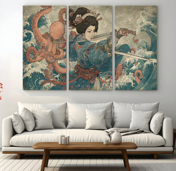 52037775-MGV-CV-36X24-Tsukioka Yoshitoshi Samurai Wall Art Print, Japanese Katana Warrior Canvas Wall Art, Octopus Sea Monster Canvas Print,