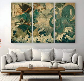 24416422-MGV-CV-36X24-Samurai vs Octopus Wall Art – Japanese Warrior Ocean Battle Canvas Print, Ukiyo e Inspired Decor for Home, Office, or Man Cave