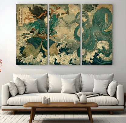 24416422-MGV-CV-36X24-Samurai vs Octopus Wall Art – Japanese Warrior Ocean Battle Canvas Print, Ukiyo e Inspired Decor for Home, Office, or Man Cave