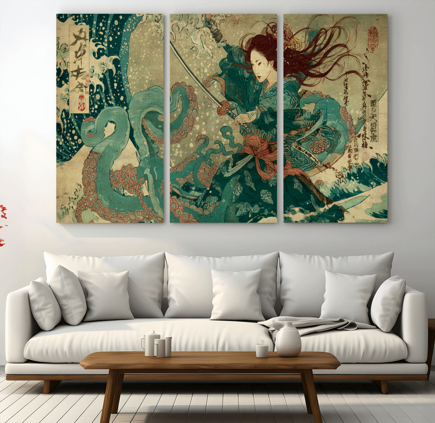 86918027-MGV-CV-36X24-Samurai Warrior vs Octopus Wall Art – Japanese Ukiyo-e Ocean Battle Canvas Print, Traditional Samurai Artwork for Living Room,