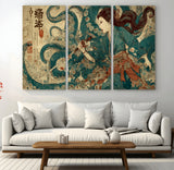 18575670-MGV-CV-36X24-Tsukioka Yoshitoshi Samurai Wall Art Print, Japanese Katana Warrior Canvas Wall Art, Octopus Sea Monster Canvas Print,