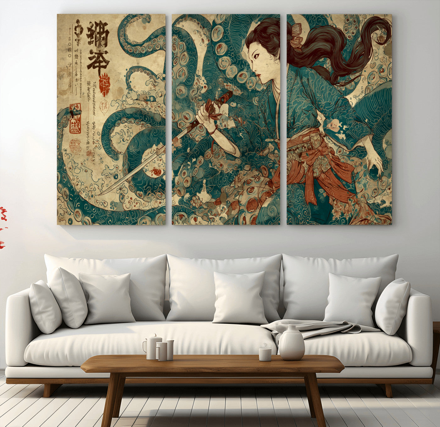 18575670-MGV-CV-36X24-Samurai Woman vs Octopus Wall Art – Japanese Ukiyo-e Ocean Battle Canvas Print, Traditional Warrior Artwork for Living Room,
