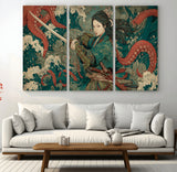 35461724-MGV-CV-36X24-Samurai Woman vs Octopus Wall Art – Japanese Ukiyo-e Ocean Waves Canvas Print, Red Tentacle Battle Artwork for Living Room,
