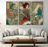 63377977-MGV-CV-36X24-Tsukioka Yoshitoshi Samurai Wall Art Print, Japanese Katana Warrior Canvas Wall Art, Octopus Sea Monster Canvas Print,
