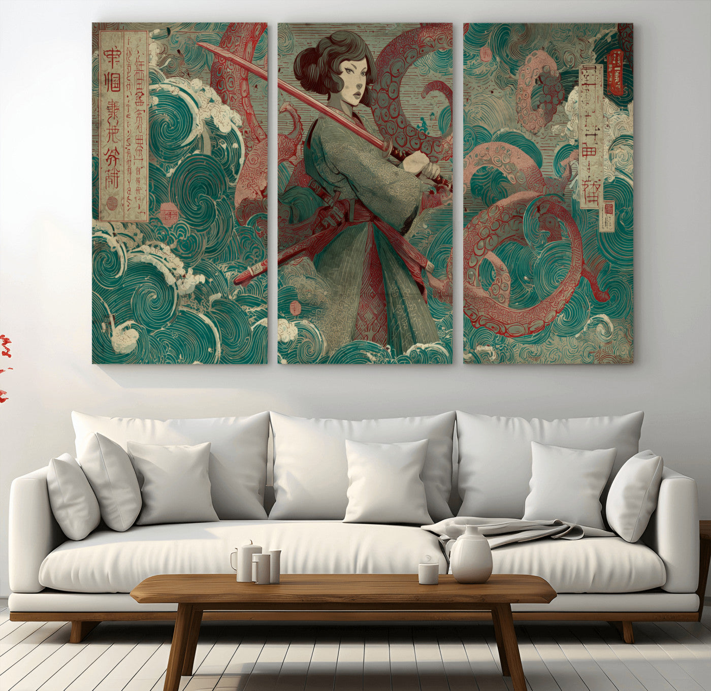 91666601-MGV-CV-36X24-Samurai Woman vs Octopus Wall Art – Japanese Ukiyo-e Green Robe Canvas Print, Ocean Battle Artwork for Living Room, Office, Man