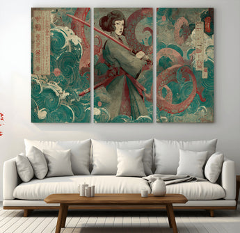 91666601-MGV-CV-36X24-Samurai Woman vs Octopus Wall Art – Japanese Ukiyo-e Green Robe Canvas Print, Ocean Battle Artwork for Living Room, Office, Man