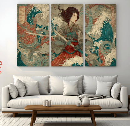 37797255-MGV-CV-36X24-Samurai Woman vs Octopus Wall Art – Japanese Ukiyo-e Red Armor Ocean Battle Canvas Print, Warrior Artwork for Living Room, Office,