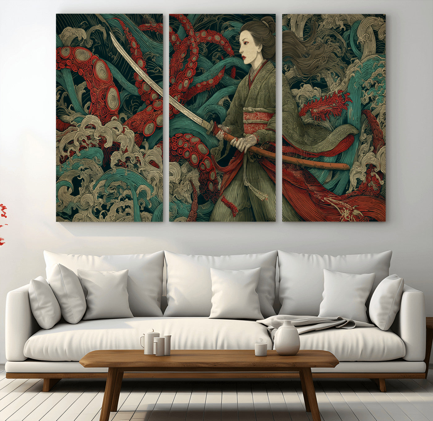 18902796-MGV-CV-36X24-Samurai Woman vs Octopus Wall Art – Japanese Ukiyo-e Green Kimono Canvas Print, Ocean Battle Scene Artwork for Living Room,