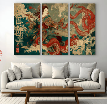 60201267-MGV-CV-36X24-Samurai Woman vs Octopus Wall Art – Japanese Ukiyo-e Armor Canvas Print, Red Tentacle Ocean Battle Artwork for Living Room,