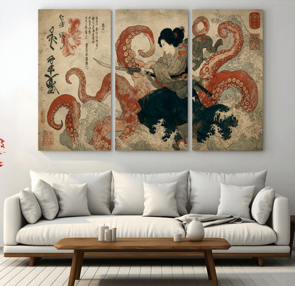 82737246-MGV-CV-36X24-Samurai Woman vs Octopus Wall Art – Japanese Ukiyo-e Dual Sword Canvas Print, Red Tentacle Ocean Battle Artwork for Living Room,
