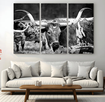 15425553-MGV-CV-36X24-Western Wall Art – Longhorn Cattle Black and White Canvas Print, Rustic Ranch Photography Decor for Bedroom, Living Room, Office,