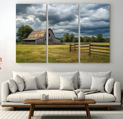39409517-MGV-CV-36X24-Rustic Barn Wall Art – Weathered Farmhouse and Storm Clouds Canvas Print, Country Landscape Photography Decor for Bedroom, Living